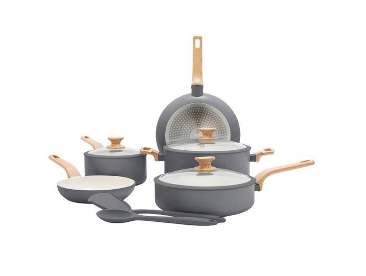 GreenPan Kochtopfset Essence, Creme, Dunkelgrau, Tannenholz, Metall, Kunststoff, 5-teilig, 18 cm, rund, Kochen, Töpfe, Topfsets