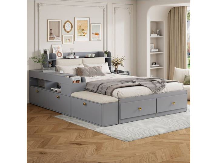 lit adulte double rangement 140x200 bois massif avec tete de lit et tiroirs gris chambre EVRYAE