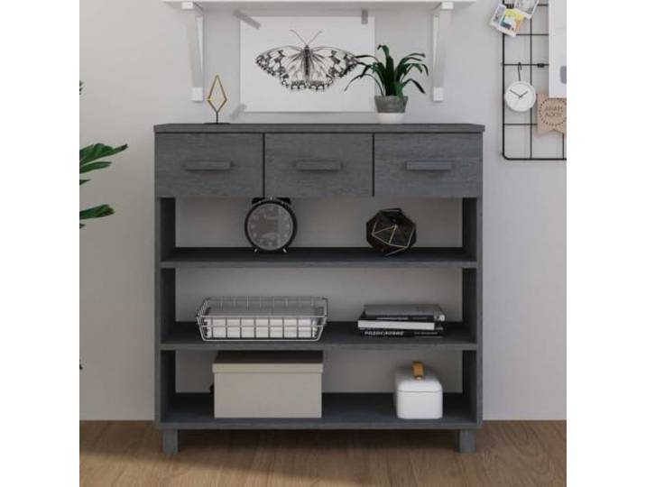 HEFZGDB Konsolentisch HAMAR Dunkelgrau 90x35x90 cm Massivholz Kiefer mit 3 Ablagen und 3 Schubladen, Stauraum Beistelltisch Flurtisch dekorativ praktisch