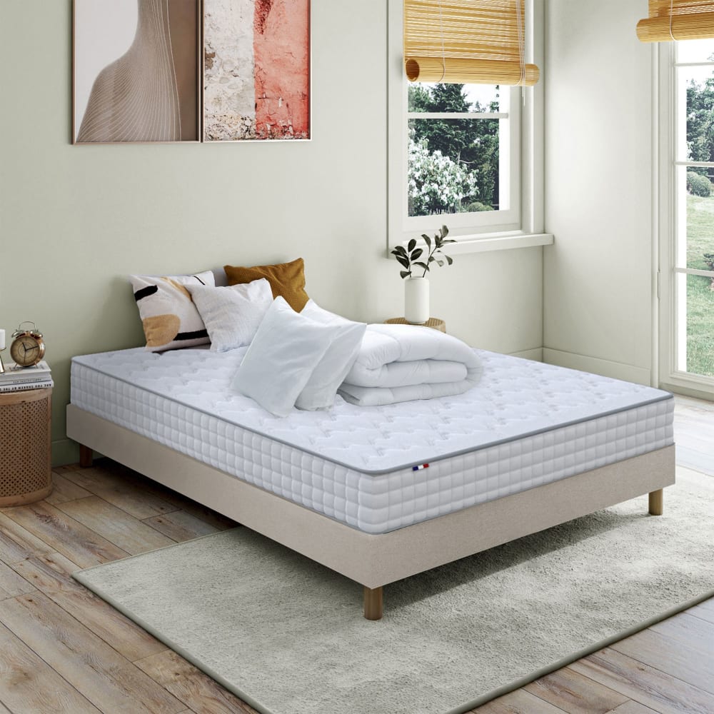 Idliterie Pack matelas ressorts sommier beige couette oreillers 140x200 Beige 200x48x140cm