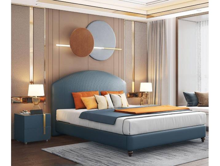 Xlmoebel Polsterbett Luxus Doppelbett im blauen Polsterdesign mit metallischen Akzenten (1-tlg., Bett), Hergestellt in Europa