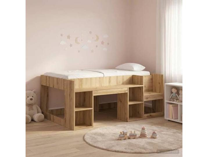 RJPLMFV Bettgestell für Kinder, mit Aufbewahrung, Eiche Holzwerkstoff, integrierte Regale, feste Lamellen, einfache Montage, Verwendung im Innenbereich
