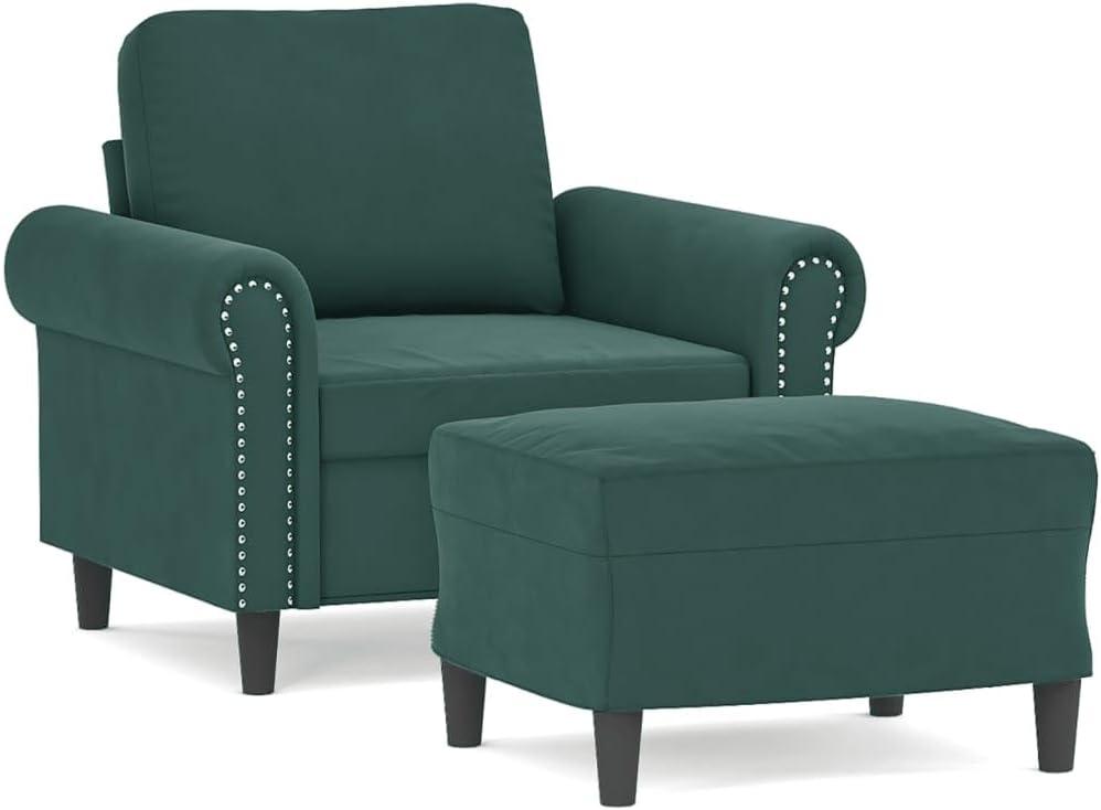 Dunkelgrüner Sessel mit Hocker aus Samt, 60 cm Sitzbreite und robustem Gestell für das Wohnzimmer