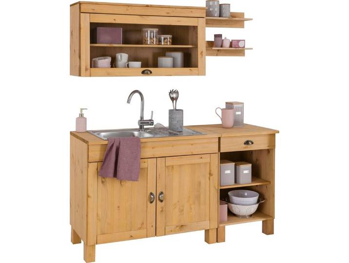 Home affaire Pantryküche Oslo, 150 cm, natur gebeizt/gewachst, Massivholz, mit Spülenschrank, Wandboards
