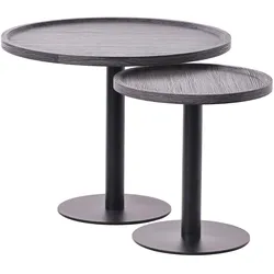 CLP 2er Set Beistelltische Aspen I 2 Couchtische mit runder Tischplatte aus Holz I Wohnzimmertische mit matt-schwarzem Metallgestell