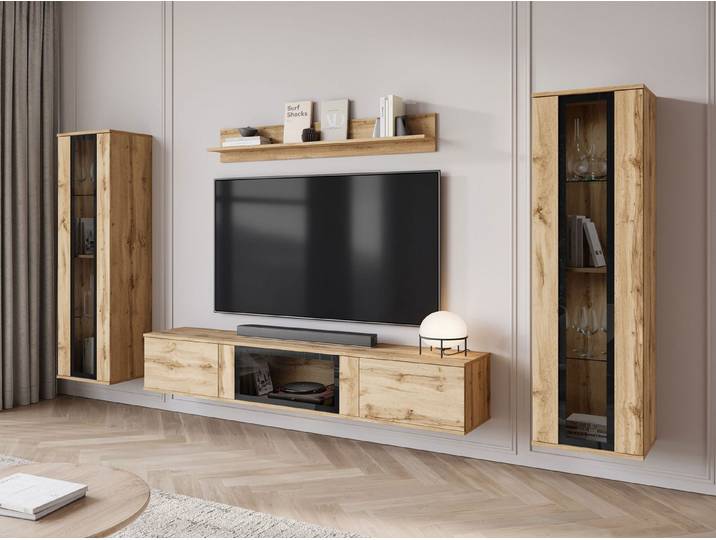MIRJAN24 Wohnwand Caro, (4er-Set, Hängevitrine x2, TV-Lowboard, Wandregal), LED-Beleuchtung als Option