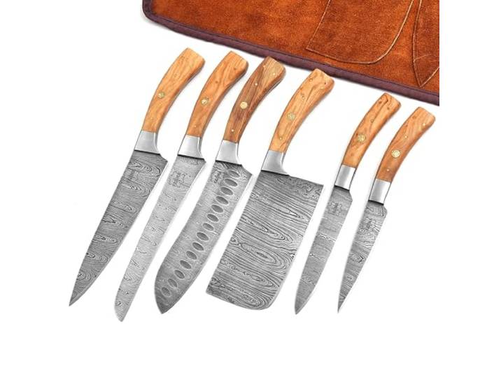 FAUMA 6-teiliges Damast-Küchenmesser-Set mit Olivenholzgriffen Handgeschmiedet, mustergeschweißt, Olivenholzgriffe, Edelstahlzwingen, mit Lederrolle