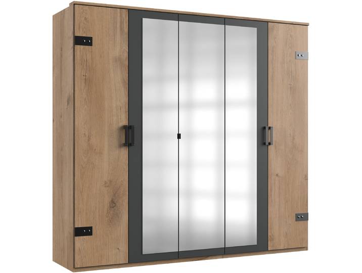 Kleiderschrank WIMEX Stockholm, rustikale Optik im Industrial Design, Made in Germany , beige (eichefarben, grau), B:225cm H:210cm T:58cm, Schränke, Kleiderschrank, mit Spiegel, 225x58x210 cm, Made in Germany