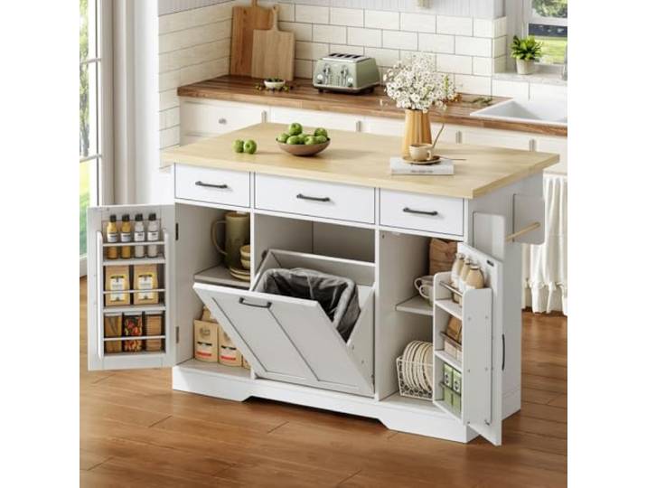 QQJIN Weiß Kücheninsel Freistehend mit Rollen, Küchenschrank mit Klappbarer Arbeitsplatte & Verdecktem Müllsystem, 120×45 (70) ×87cm Küchenwagen Holz,L
