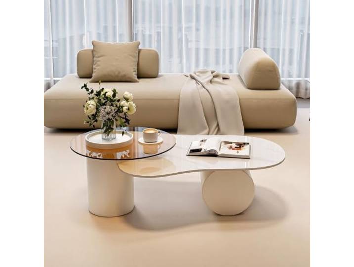 HLDJYLZS Couchtisch aus Sinterstein, Unregelmäßiges Wolkendesign mit Glas Sinterstein, Wolkenform, Unregelmäßiges Design, Glasplatte, Modern, Minimalistisch, Kleine Räume, Homeoffice