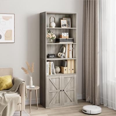 Garvee "71.4"" Black Farmhouse 6-Tier Bookcase w/ Barn Doors"