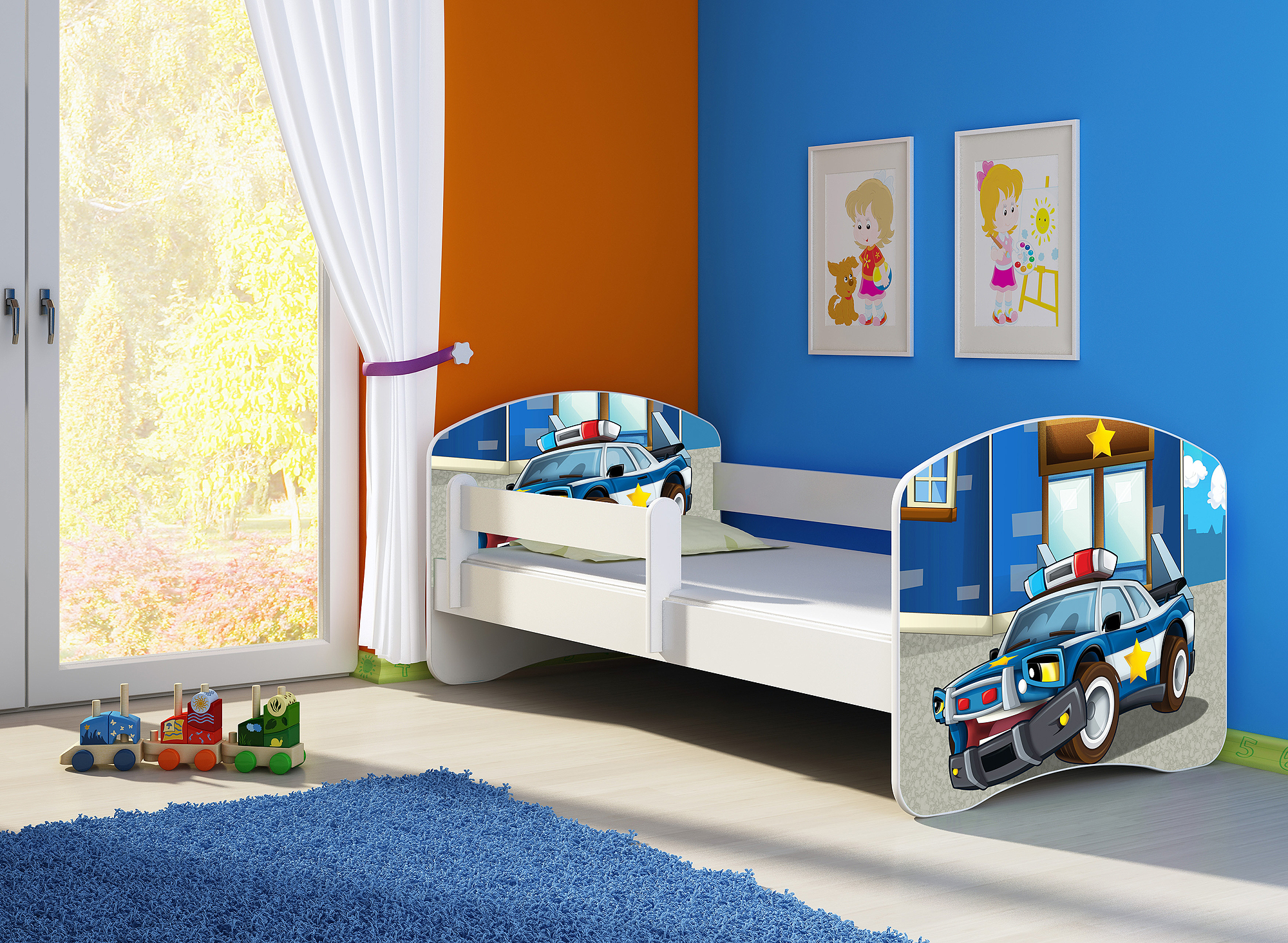 Kinderbett, Motiv, Schublade CLAMARO, Bett Farbe:38 Polizei, Mit Bettkasten:Mit Bettkasten, Bett Größe:180 x 80 cm