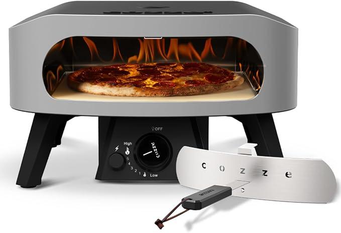 13" Pizzaofen CLASSIC | Gas 30 mbar | Gratis Cordierit Stein | Automatische Einschaltung | Integriertes Thermometer | Edelstahl | Schnellkochzeit 2 min, Schwarz