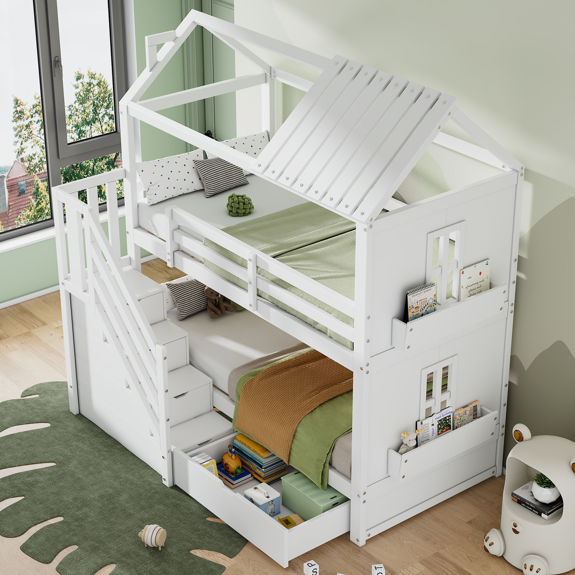 MODFU Kinderbett 90x200,Etagenbett mit Matratze x2,Hausbett Doppelbett mit Stauraumtreppe & Schubladen und Regalen, Weiß