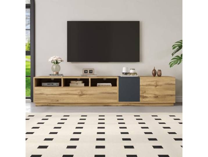 TV Lowboard 200cm mit 3 Türen und Offenen Fächern, Holzfarbe + Schwarz Stilvolle TV Schrank für 80-Zoll, Fernseher Schrank mit Kabelöffnungen, TV-Ständer für Wohnzimmer