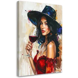 LEINWANDBILD, Frau mit Hut und Wein - Glamour