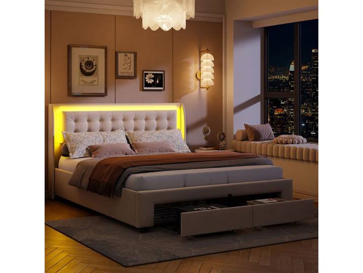Grand Lit Double 180x200 avec LED Lit Coffre Cadre de lit avec tiroirs Lit Capitonne Velours Lit Adulte Lit Rembourré Beige