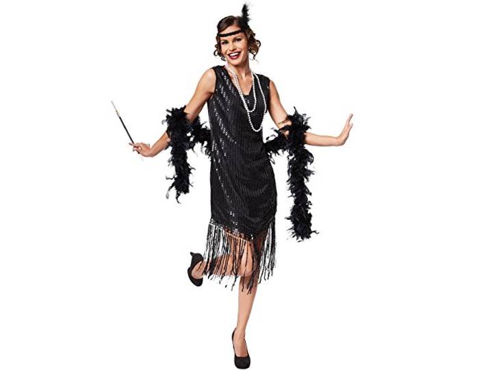 dressforfun Jazz dameskostuum elegante paillettenjurk incl. haarband met veer, zwart