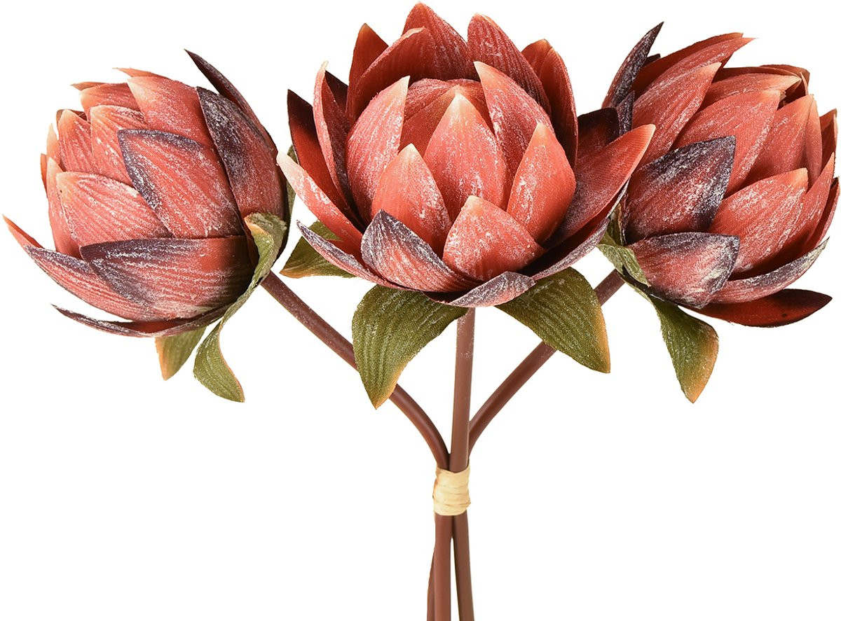 Viana Decoratieve Protea kunstbloemen rood-oranje 34 cm, 3 stuks