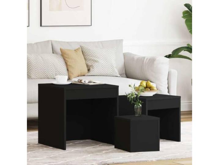 HEFZGDB 3-teiliger Satztisch aus Holzwerkstoff in Schwarz, vielseitiges Beistelltisch-Set für kleine Wohnungen, modernes Design als stilvolle Raumergänzung, praktische Ablagefläche