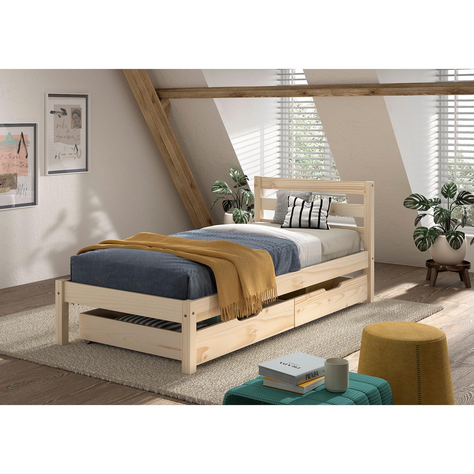 Einzelbett Pino 90x200 cm, mit Lattenrost, inkl. 2 Schubladen, natur lackiert
