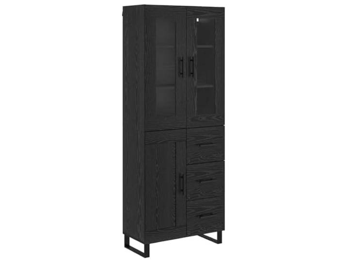 Roanoer Highboard 2-Teilig Schwarz Eichen-Optik mit Glas Moderne Vitrine mit Glas-Doppeltüren und Eisenbeinen für Wohnzimmer und Esszimmer