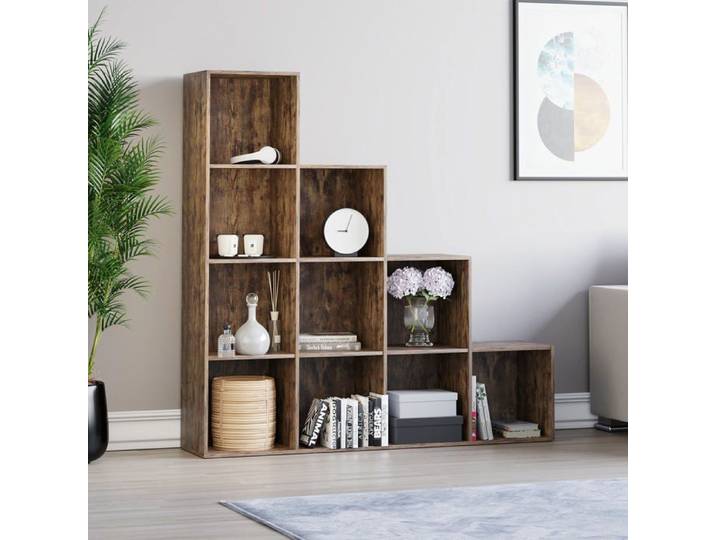 Bibliothèque escalier Durham à 10 cubes en bois foncé – Étagère de rangement moderne pour bureau ou salon