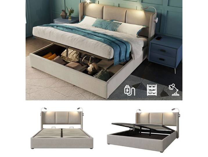 Lit coffre 160×200 cm ADWOLT lampes de lecture sommier à lattes tissu en Lin cadre de litcoffre 160×200 coffre beige