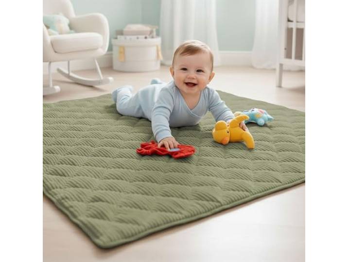 Sanosoft® Soft-Cord Krabbeldecke - rutsch- & wasserfest - Öko Tex & Made in Germany (Khaki/Grün, 130x150cm)