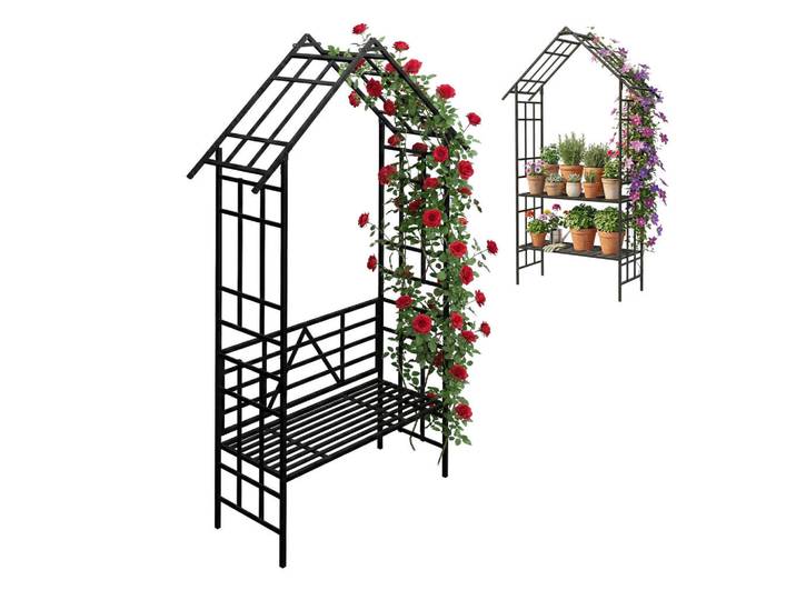 Relaxdays Rosenbogen Schwarz Eisen mit Bank, Metall, 150x247x43 cm, Dekoration, Gartendeko