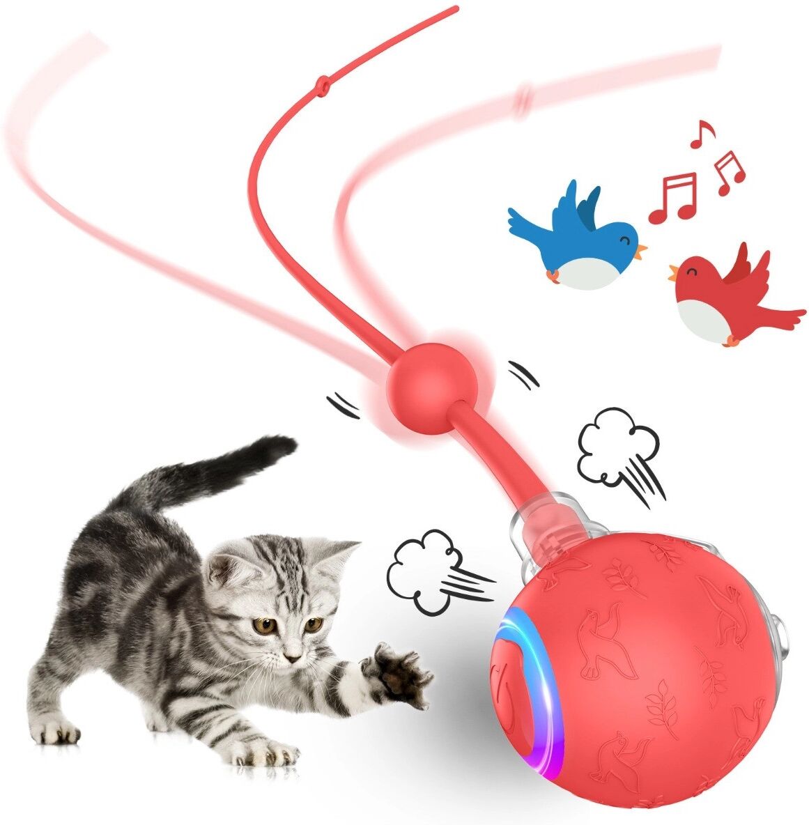 INF Balle électrique intelligente pour animaux, mouvement interactif motorisé, TPU et recharge Type-C Rouge