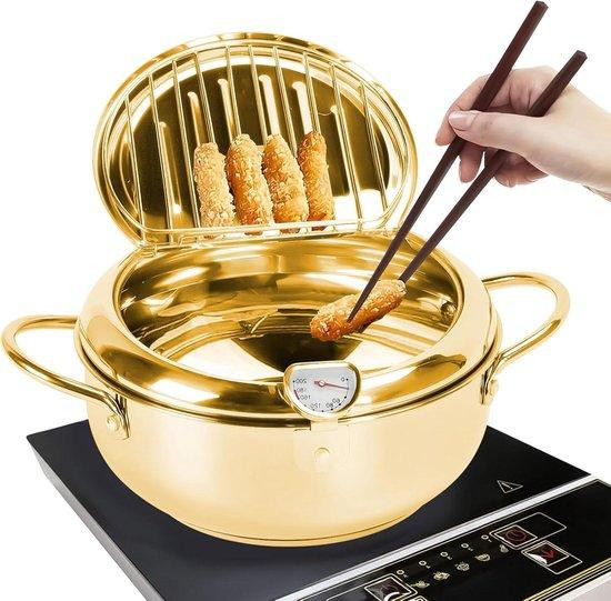 TOWEBOORY Japanse Tempura Friteuse Pan met Geïntegreerde Thermometer - Goudkleurig - 20 cm