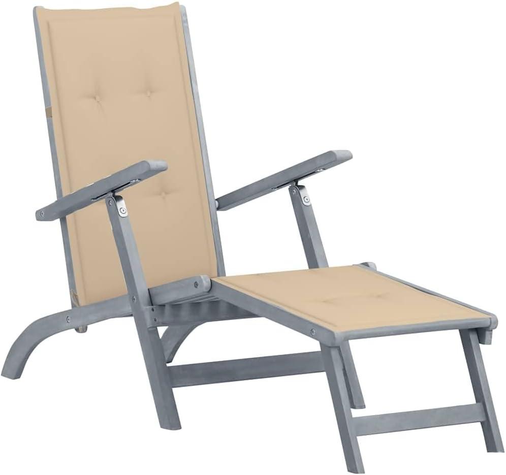 Liegestuhl aus massivem Akazienholz mit Fußstütze und Auflage, 3-Fach verstellbare Gartenliege, klappbar und wetterfest für Terrasse, Balkon, Outdoor Relaxen, inklusive Polster und Kissen