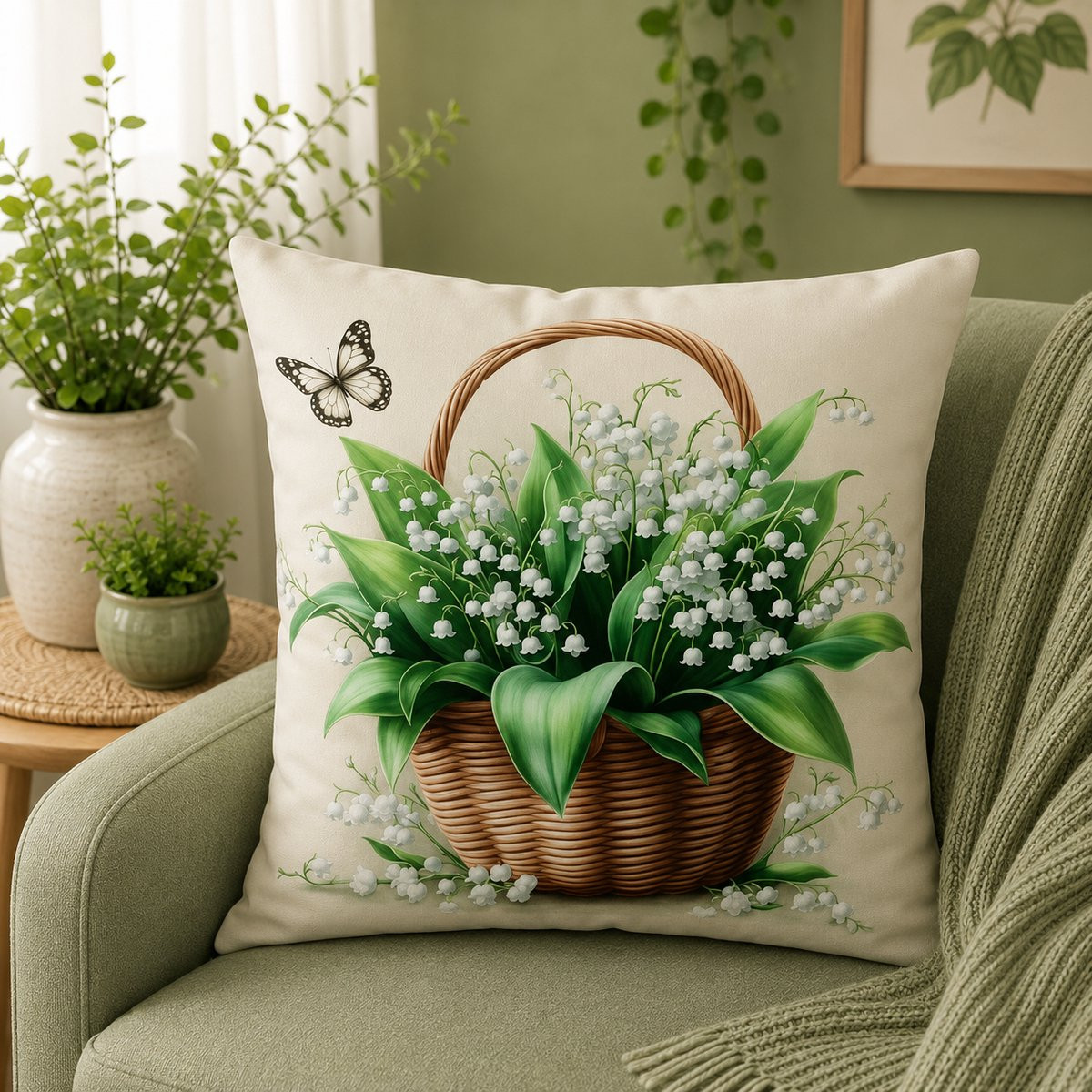 Lily of the Valley Collection kussenhoes met groene bloemenprints, 45 x 45 cm
