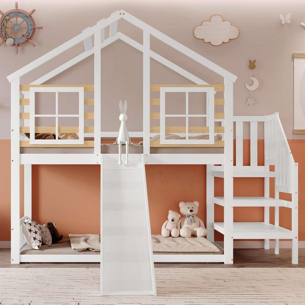 Holz-Etagenbett mit Rutsche, Treppe und Geländer, Fensterdesign, kindersicher mit Absturzsicherung, inkl. Leiter, Weiß, 90x200 cm
