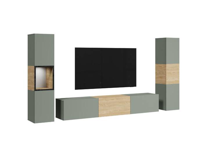 P & B Wohnwand Berlin, Eiche, Salbeigrün, 3-teilig, 8 Fächer, kaltweiß, 130x240 cm, Fsc, stehend, hängend, Beleuchtung, spiegelbildliche Montage möglich, Wohnzimmer, Wohnwände, Anbauwände
