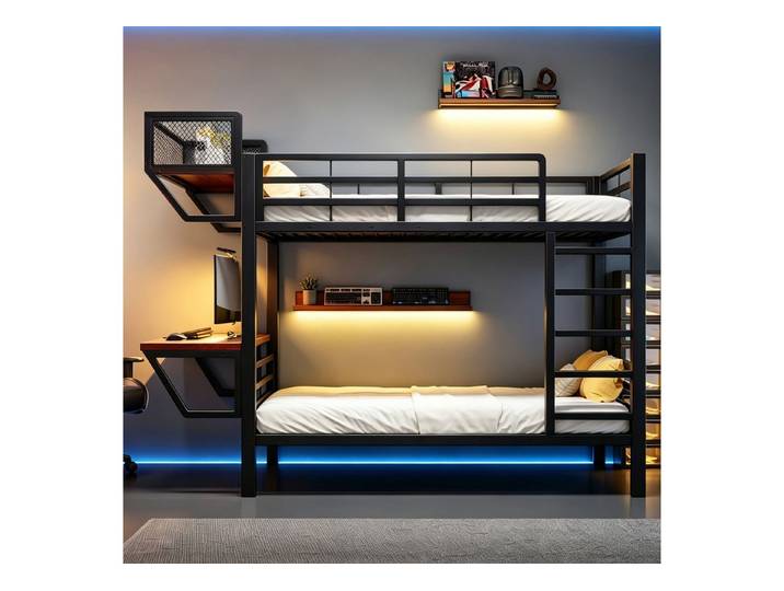 i@home Etagenbett Hochbett mit Schreibtisch & Stauraum, Arbeitsplatz 90x200 cm (2-St), Etagenbett mit Ablagefächern Metalllattenrost für Jugendzimmer