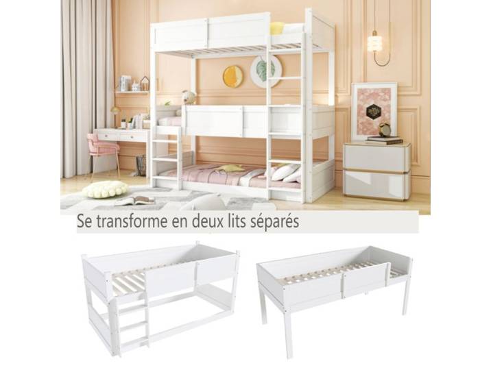 Lit modulable triple - LANGTU - 3x 90x200 cm - Bois massif - Sommier à lattes - Barrière haute