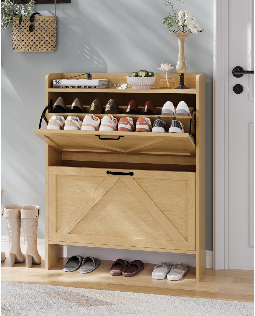 Brambly Cottage 16 Pair Solid Wood Shoe Storage Cabinet Natural Wood 16