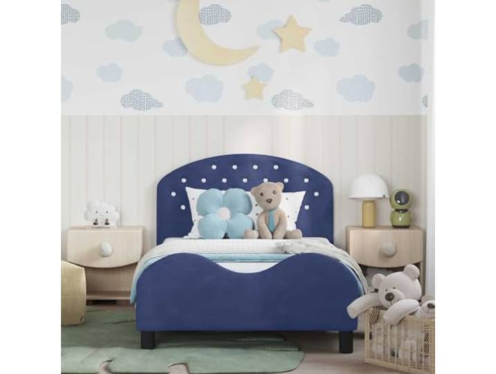 KTHLBRH Kinderbett mit Kopfteil blau 80 x 200 cm Lattenrost inklusive, Bezug aus Samt, rechteckige Form, einfache Montage