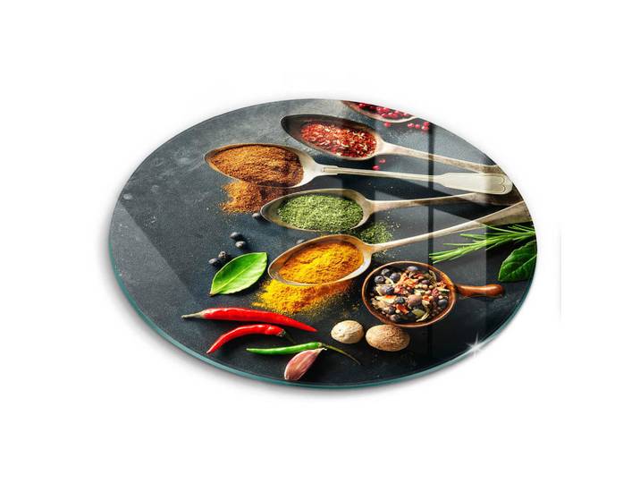 Wallfluent Glasplatte Ø 40 cm Küchengewürze Zusammensetzung, Mehrfarbig, Glas, Rund, 40x40 cm, Küchenzubehör, Schneidebretter