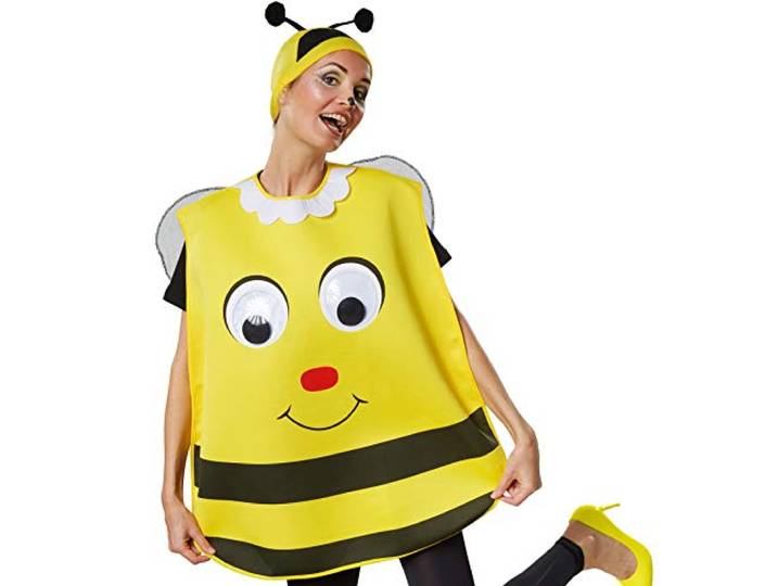 dressforfun 302194 - Unisex Kostuum Cartoon Bee, Poncho One Mate, Zwart-gele Pet met Gevoelens