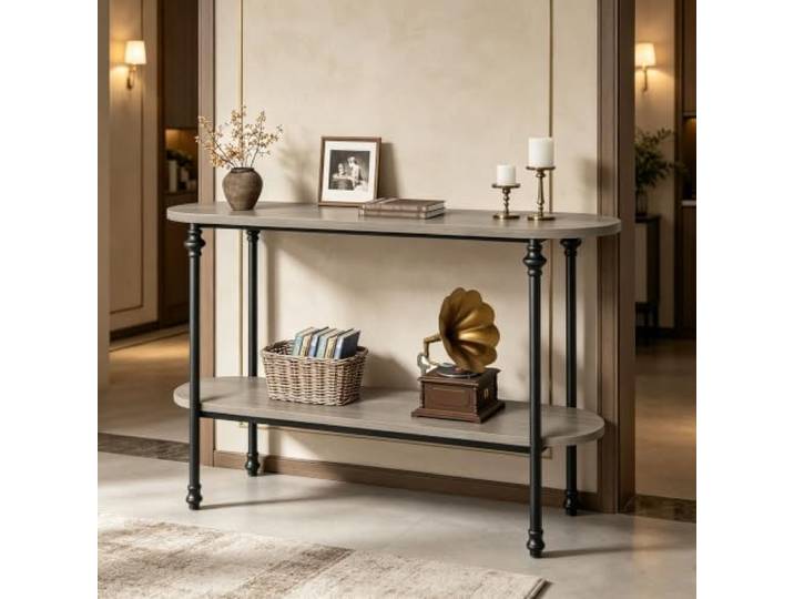 Konsolentisch für Flur, schmaler Sofatisch mit 2 Ablagen aus Metall Robuster Metallrahmen, schmale Bauweise, einfache Montage, vielseitiger Stauraum(Gray,31.5in*11.8in*29.5in)