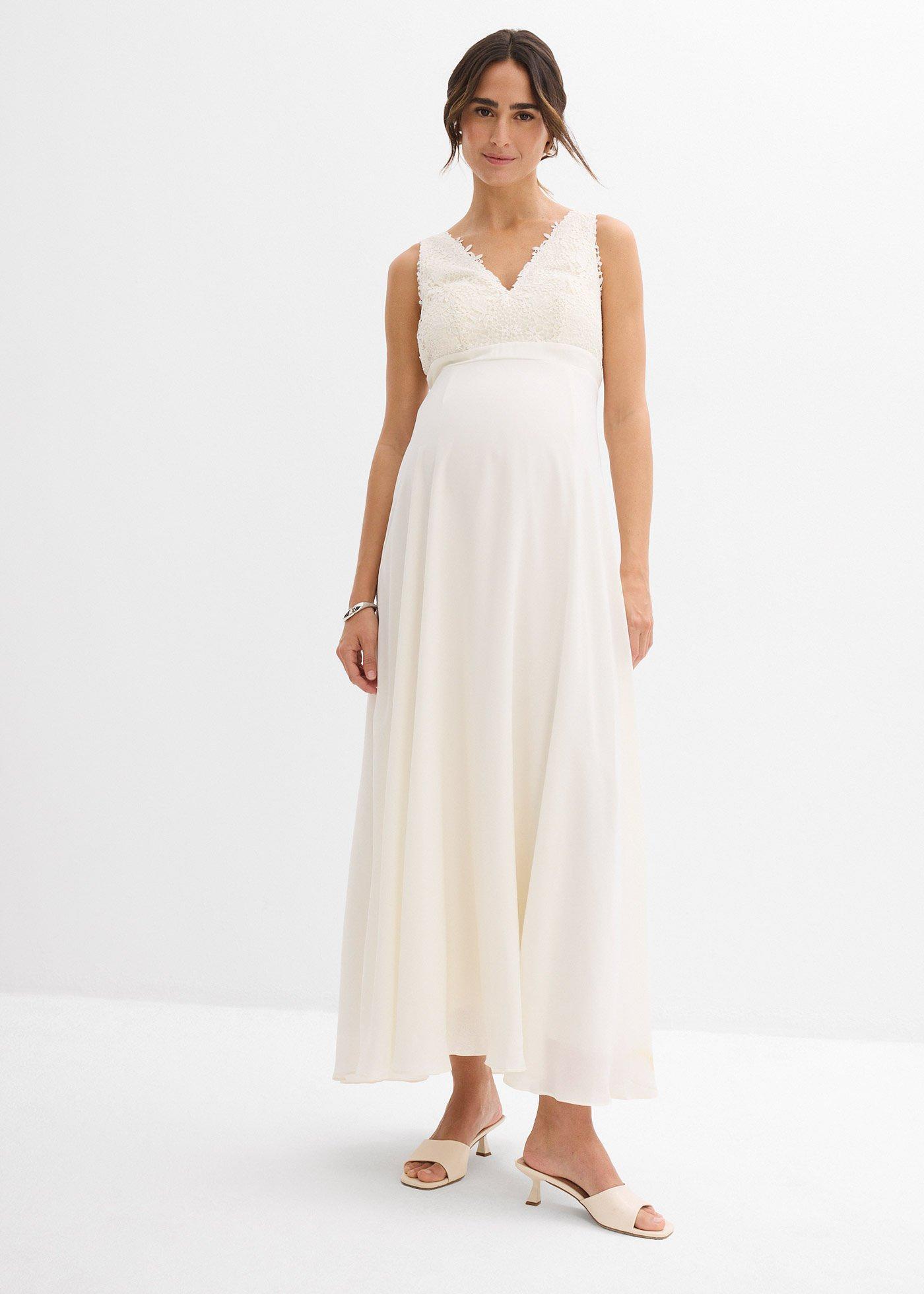 bonprix Umstands-Hochzeitskleid aus Spitze Satin und Georgette, weiß, Gr.46, Langes Hochzeitskleid für die Schwangerschaft