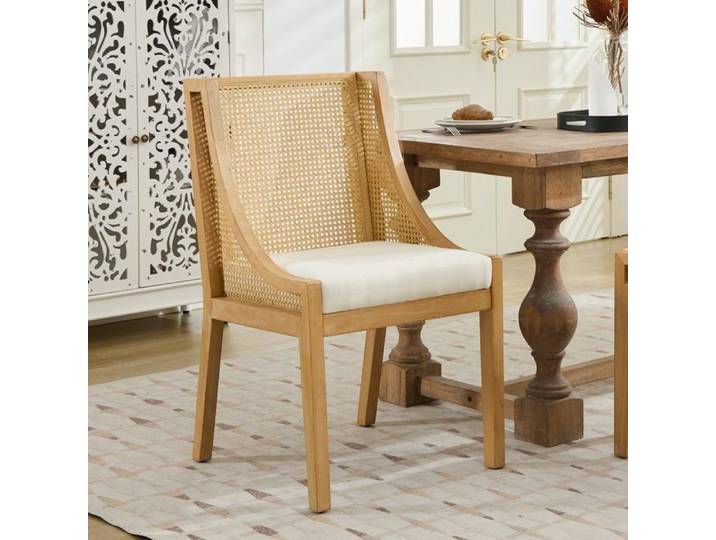 Chaise de Salle à Manger Assise Confortable en Lin Bois Massif et Rotin avec Accoudoirs Salon