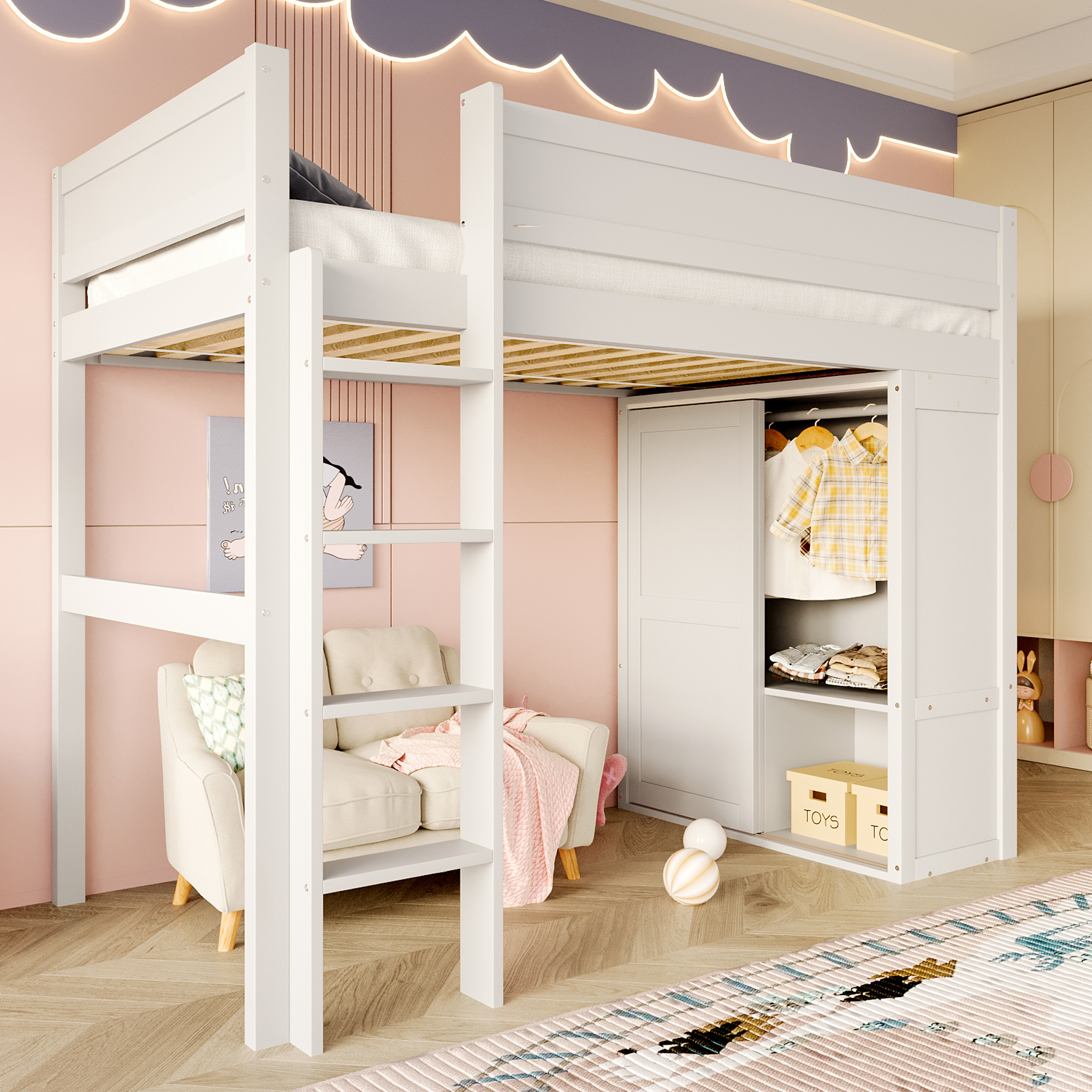 Flieks Etagenbett 90x200cm mit Kleiderschrank, Kinderbett Hochbett mit Rausfallschutz und Lattenrost, Garderobe mit austauschbarer Schiebetür, Weiß