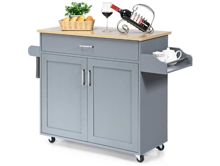 COSTWAY Desserte de Cuisine Bîlot de Cuisine à Roulettes avec Grand Placard Tiroir Porte-Epices et Porte-Serviettes Gris