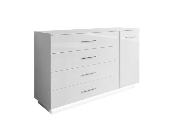 Lookway Kommode LINA II Weiß Hochglanz mit LED, auf Sockel, Push-to-Open oder Griffe, 138x84x40 cm (Chrom Griffe)