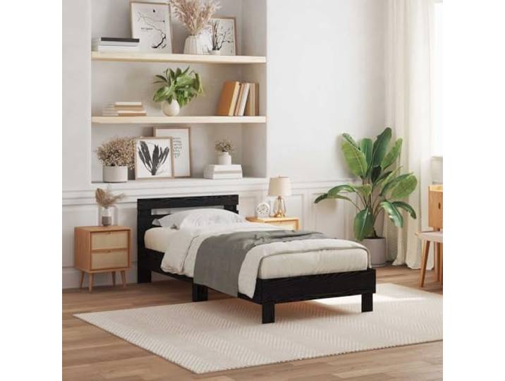 LED Beleuchtung Schlafzimmer Stil Modern Holzwerkstoff Schwarz 100 x 200 cm Bettrahmen Schwarz Eichen-Optik 100x200 cm Holzwerkstoff Bettgestell mit LED-Beleuchtung Lattenrost USB modernes Design