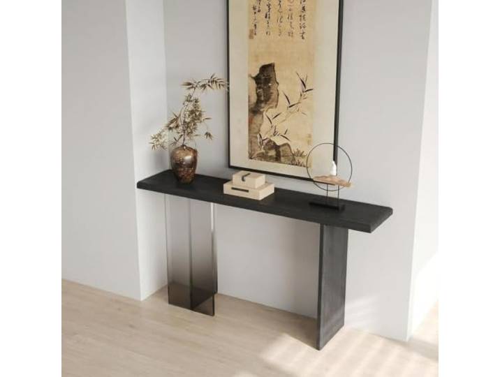 RASJCGRCOA Konsolentisch Schmal Modern, Entree Flurtisch Schwarz Massivholz Transparent Acryl Bein, Beistelltisch Platzsparend für Wohnzimmer Flur Eingang Wand Minimalistisch